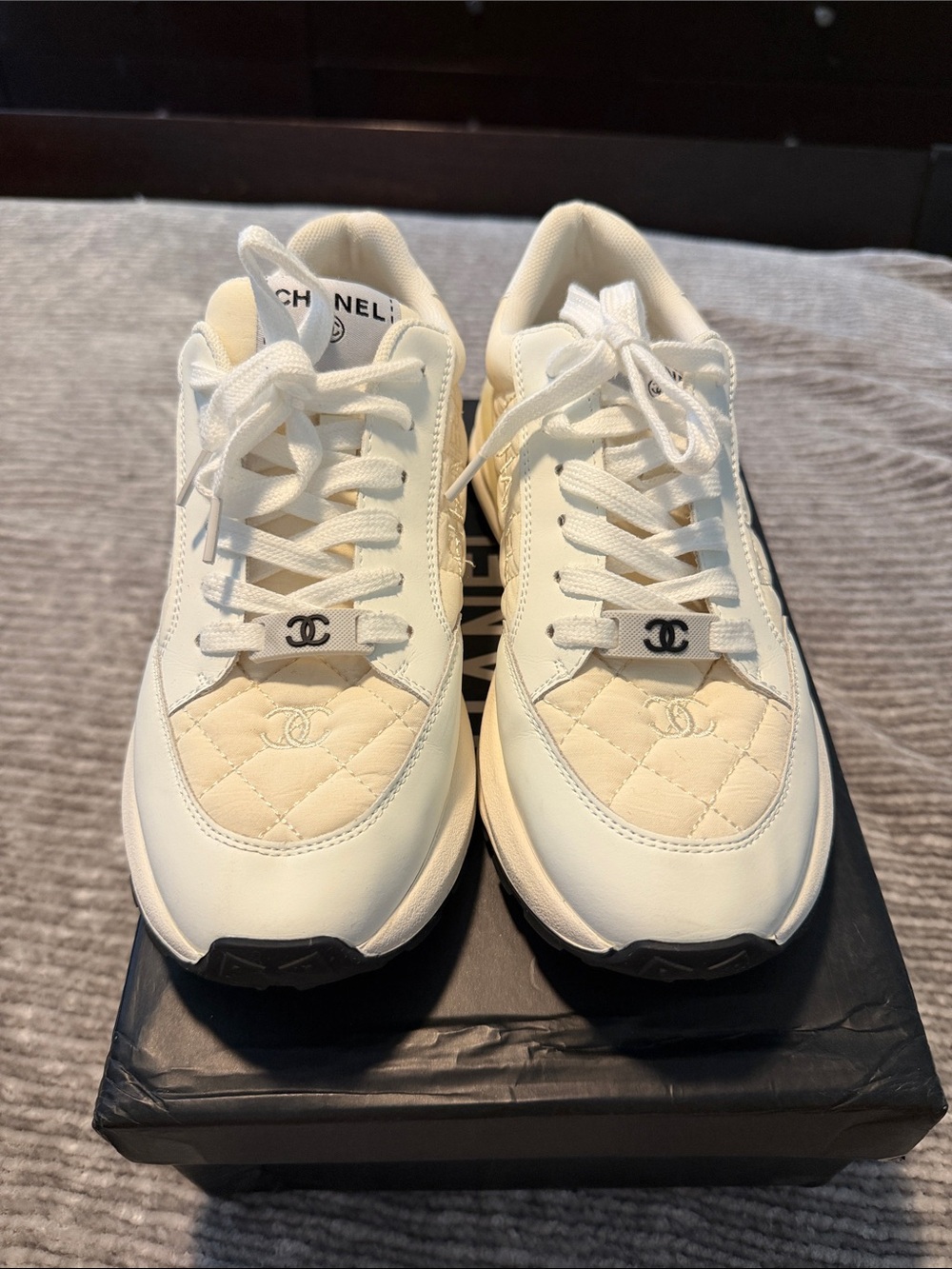 CHANEL Cream and White Quilted Women Sneakers